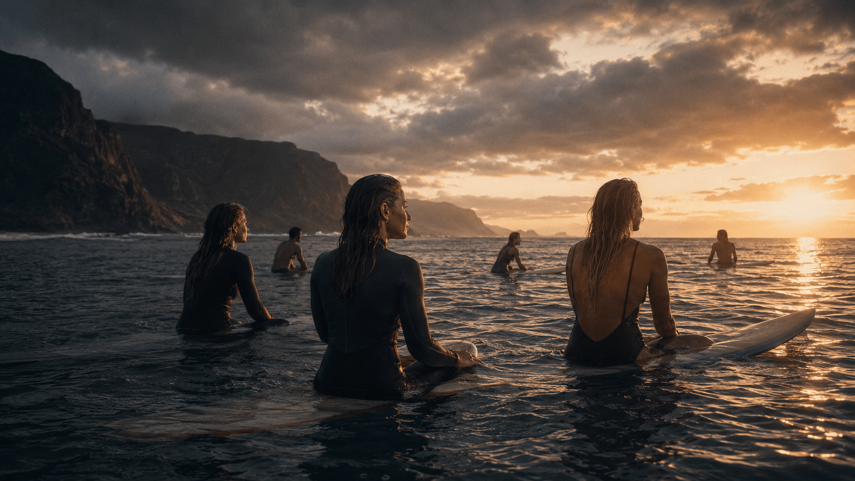 Women surfing on an open ocean wave