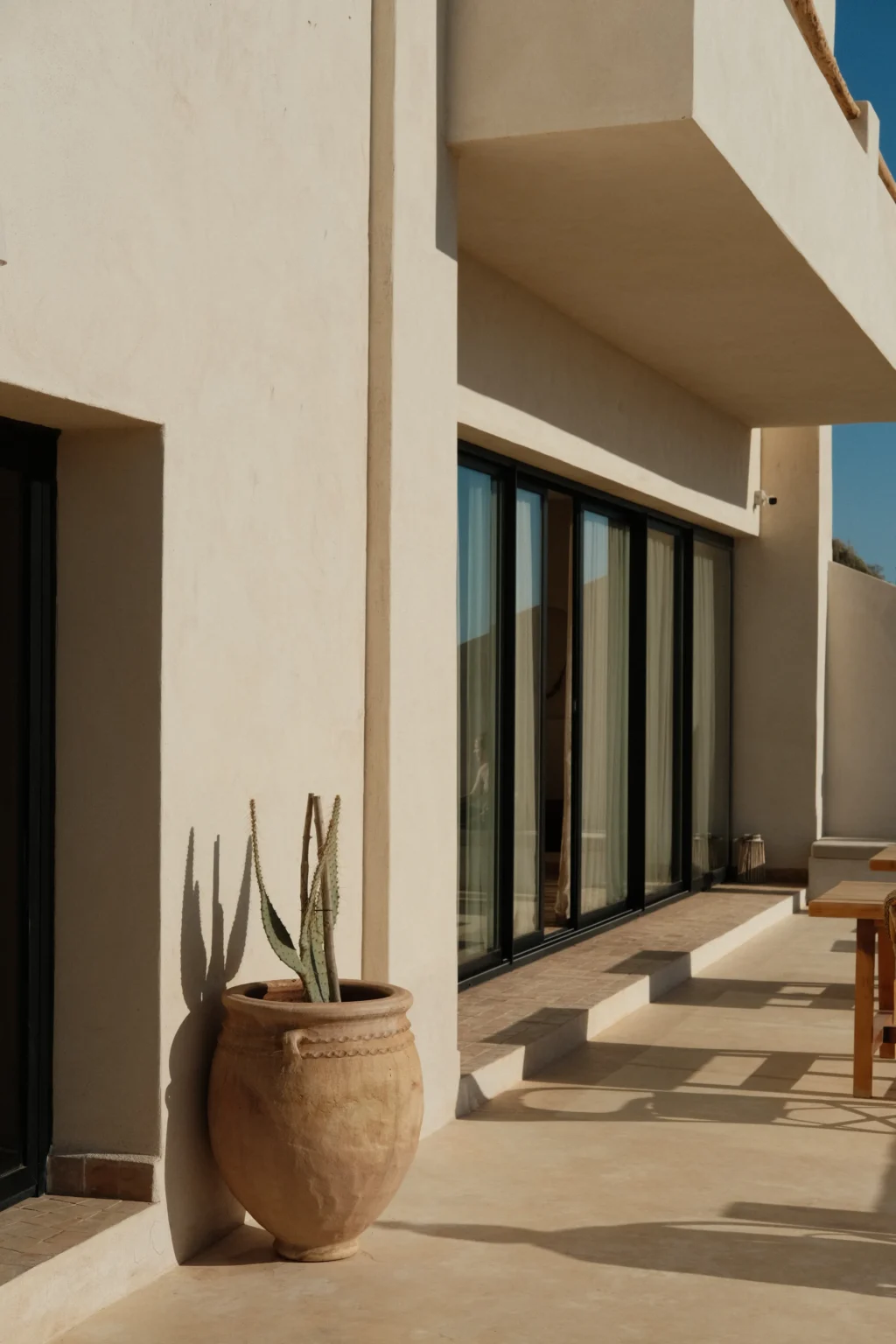 The outside walkway at the lodge, with a clay pot against the plaster wall