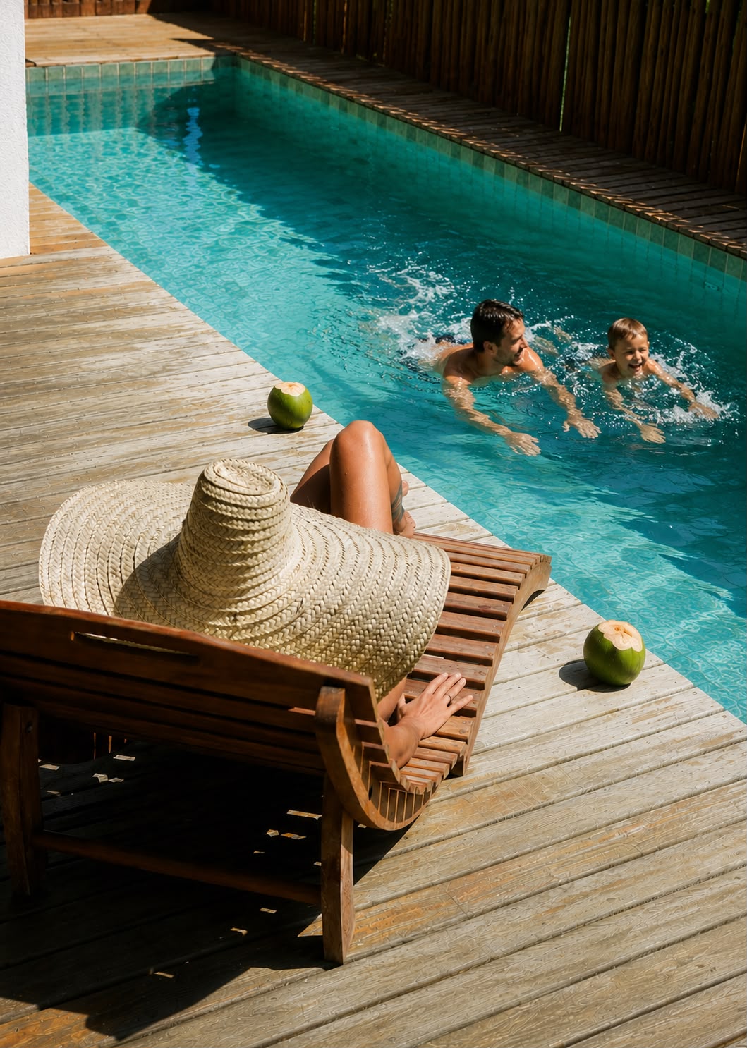 Guests swimming while another rests on a lounger with fresh coconuts on the deck