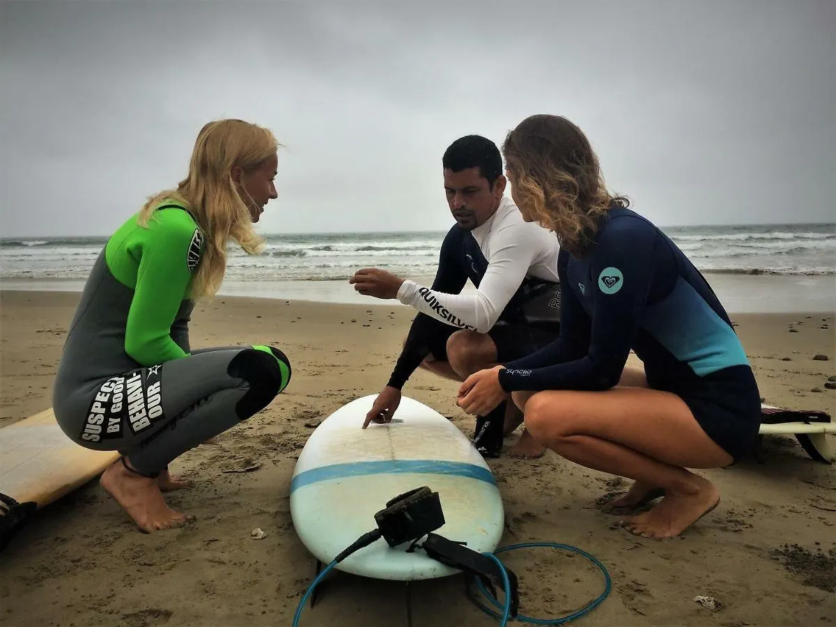 Surf instructor going over the board with two guests on the beach
